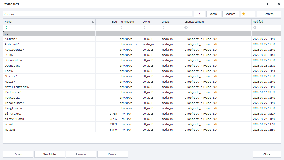 The Device files window
