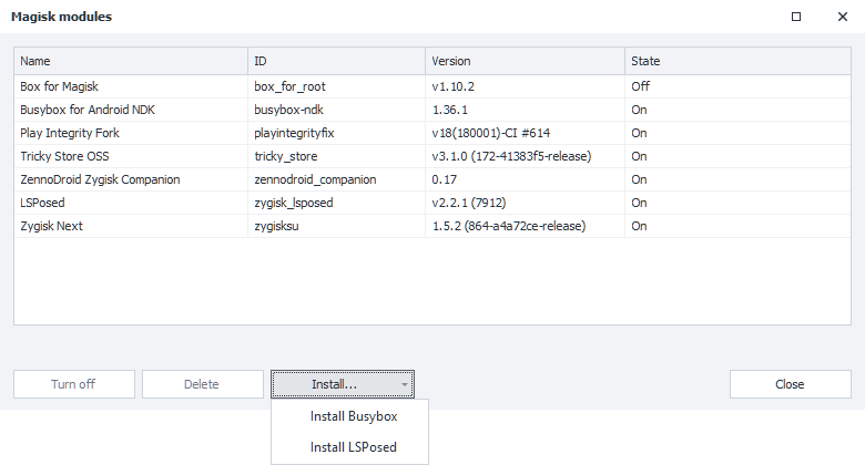 The Magisk modules window