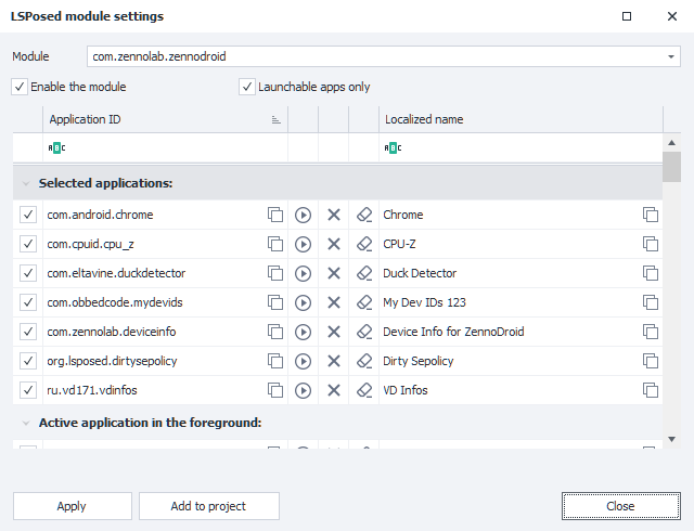 The LSPosed module settings window