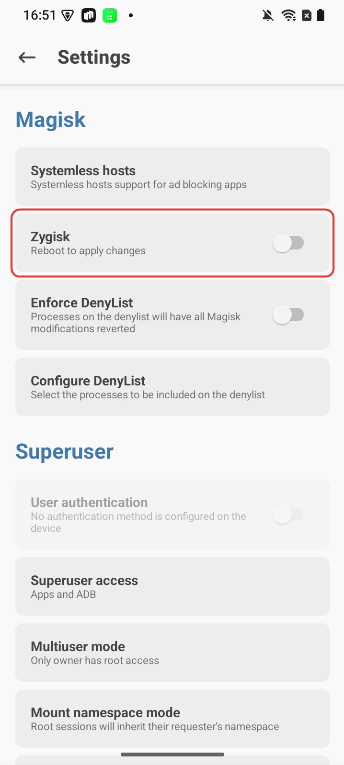 The built-in Zygisk turned off