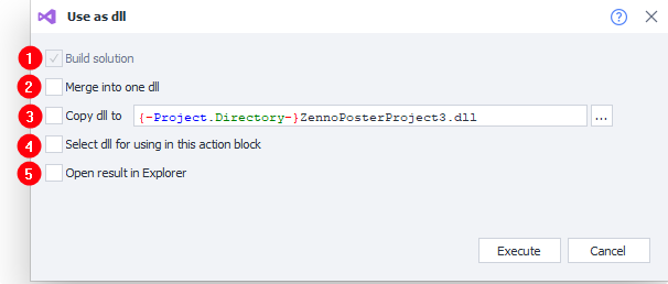 The "Use as dll" window